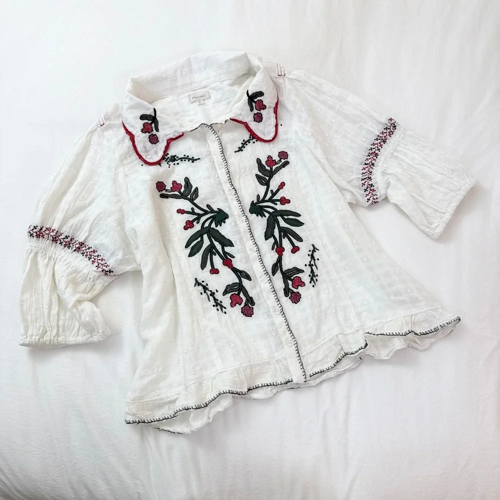 Anthropologie Pilcro Embroidered Puff Sleeve Collared Blouse White XL